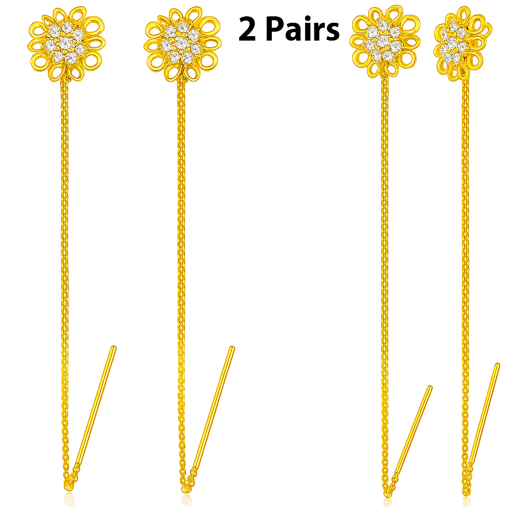 2 Pairs Gold-Plated Floral Drop Earrings, Long Chain Sui Dhaga Style - Image 3