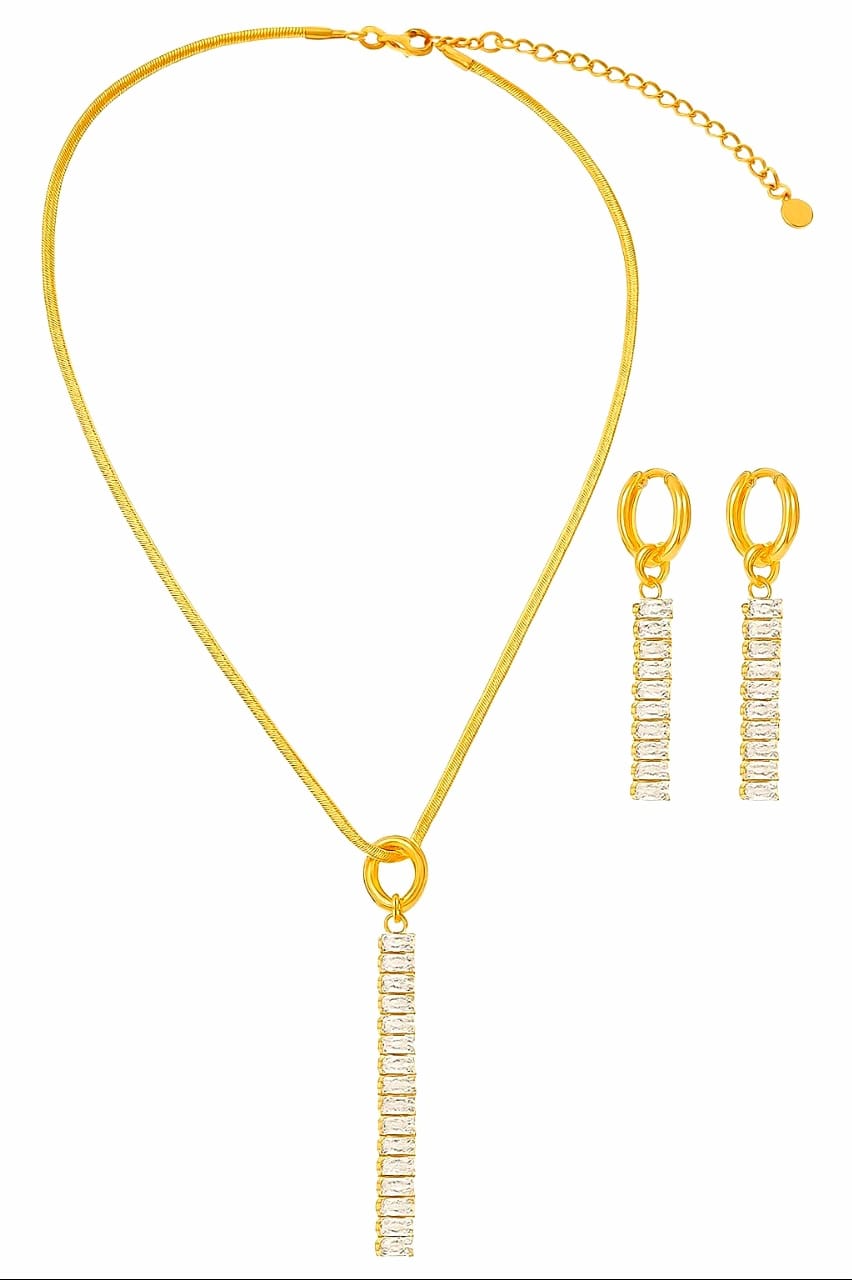 AD Crystal Jewellery Set for Women – Gold-Plated Pendant Necklace with Snake Chain & Matching Earrings - Image 3