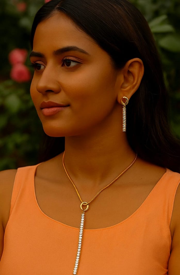 AD Crystal Jewellery Set for Women – Gold-Plated Pendant Necklace with Snake Chain & Matching Earrings