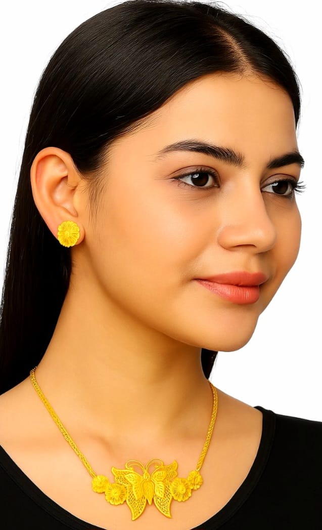 Gold Plated Butterfly Choker Necklace Set with Floral Earrings for Women – Traditional & Party Wear Jewellery