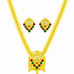 Navratri Special Gold-Plated Durga Maa Pendant Necklace Set with Earrings – Traditional Red & Green Meenakari, Fish Bone Chain Design