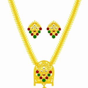 Navratri Special Gold-Plated Durga Maa Pendant Necklace Set with Earrings – Traditional Red & Green Meenakari, Fish Bone Chain Design