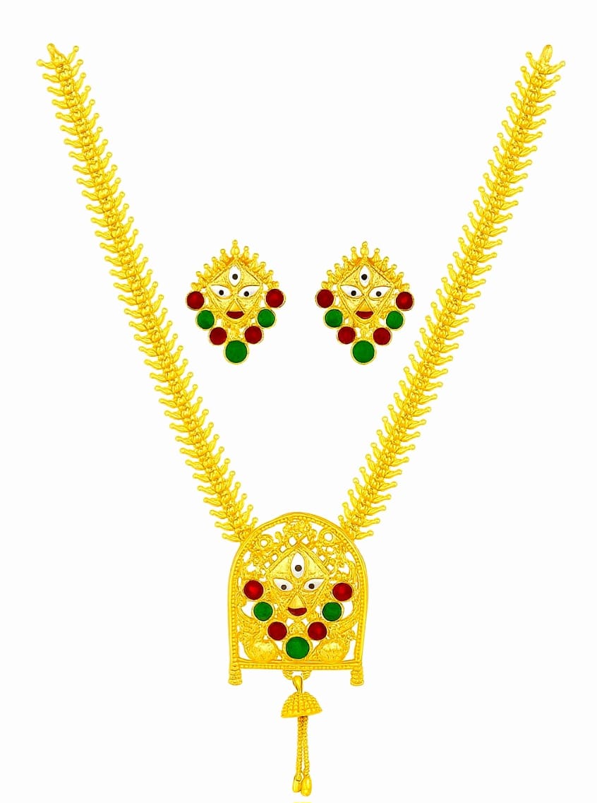 Navratri Special Gold-Plated Durga Maa Pendant Necklace Set with Earrings – Traditional Red & Green Meenakari, Fish Bone Chain Design