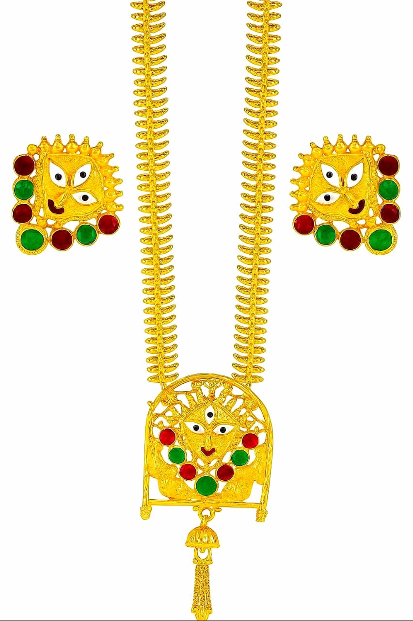 Navratri Special Gold-Plated Durga Maa Pendant Necklace Set with Earrings – Traditional Red & Green Meenakari, Fish Bone Chain Design - Image 2
