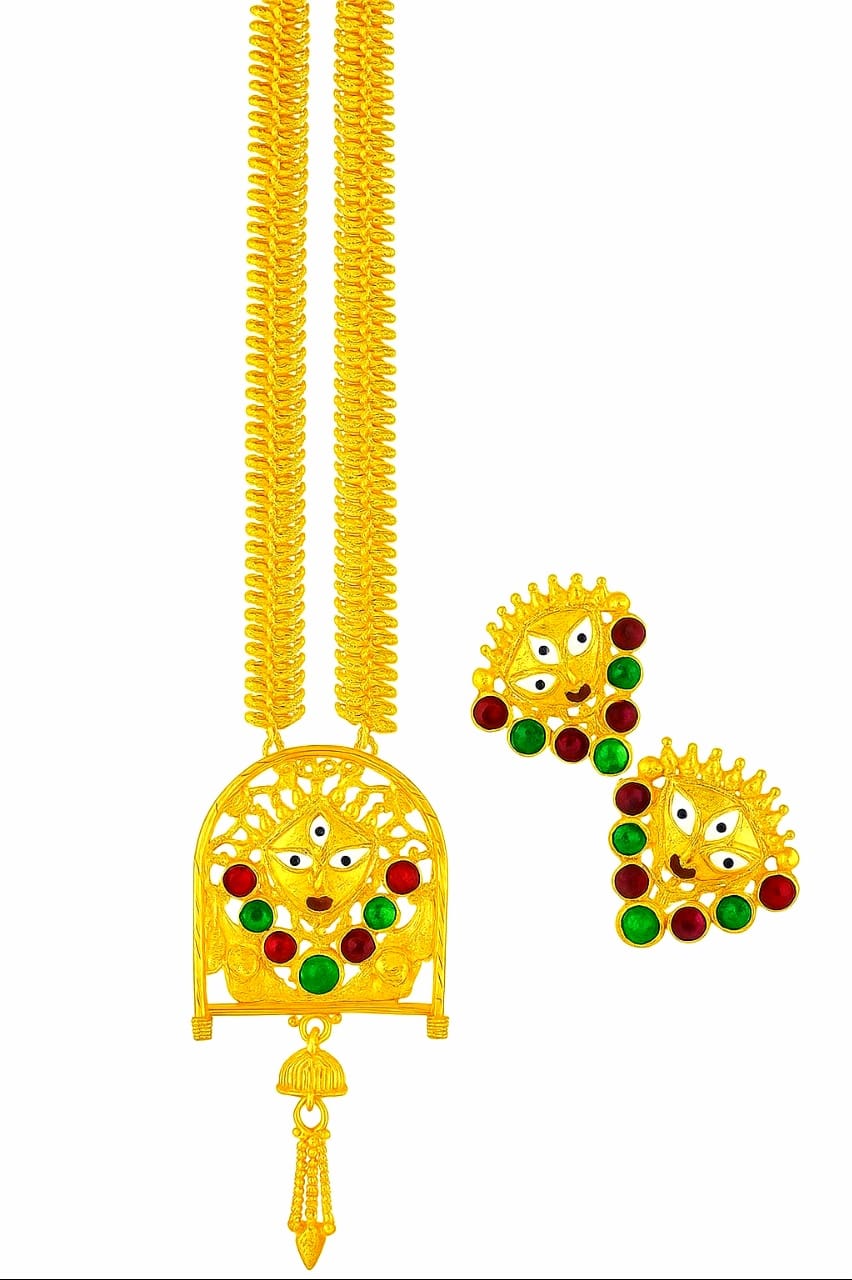 Navratri Special Gold-Plated Durga Maa Pendant Necklace Set with Earrings – Traditional Red & Green Meenakari, Fish Bone Chain Design - Image 3