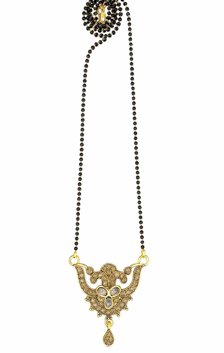 Traditional Gold-Plated Mangalsutra for Women – American Diamond Pendant with Black Beaded Chain