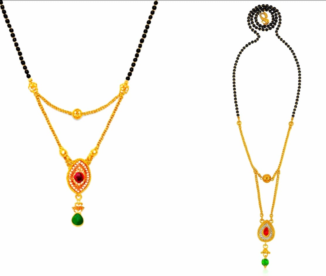 Traditional Gold-Plated Mangalsutra with American Diamond Pendant, Black Beaded Chain, Red and Green Stone
