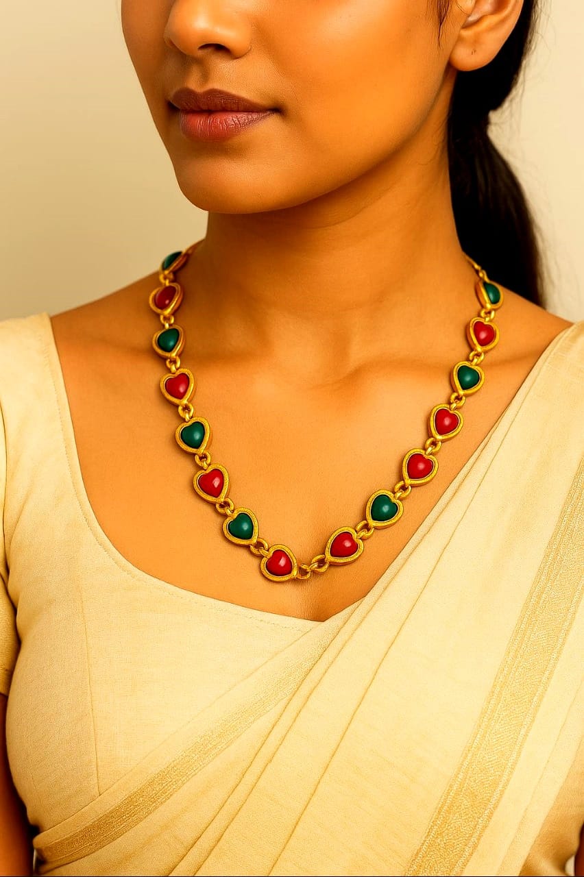 Heart-Shaped Mina Coated Gold-Plated Necklace – Red & Green Enamel Chain for Women & Girls - Image 3