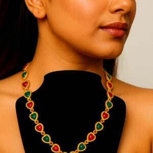 Heart-Shaped Mina Coated Gold-Plated Necklace – Red & Green Enamel Chain for Women & Girls