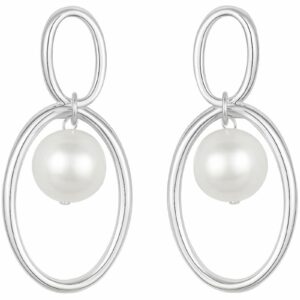 White Pearl Drop Earrings – Oval Silver-Plated Hoop Earrings for Women & Girls
