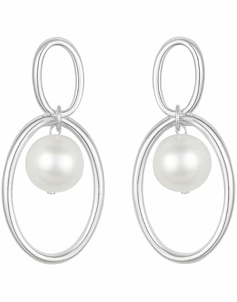 White Pearl Drop Earrings – Oval Silver-Plated Hoop Earrings for Women & Girls