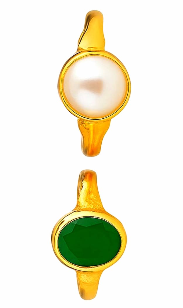 Stylish Gold Plated Pearl & Green Stone Rings for Man & Women – Set of 2 with Box - Image 2