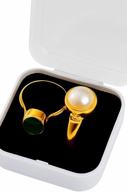 Stylish Gold Plated Pearl & Green Stone Rings for Man & Women – Set of 2 with Box