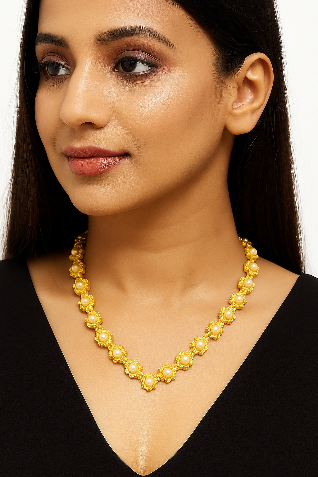 Pearl Flower Chain Necklace for Women & Girls – Gold Plated Handmade Fashion Jewelry - Image 3