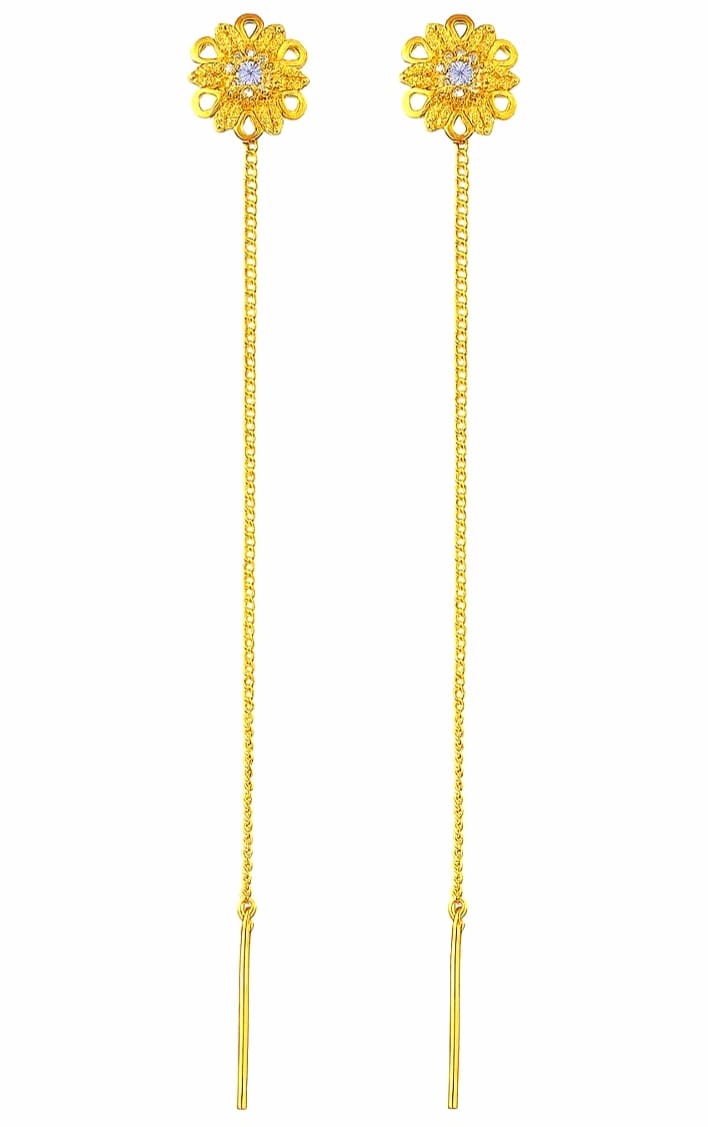 Sui Dhaga Gold Plated Floral Drop Earrings for Women, Long Chain Design
