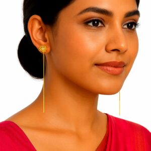 2 Pairs Gold-Plated Floral Drop Earrings, Long Chain Sui Dhaga Style
