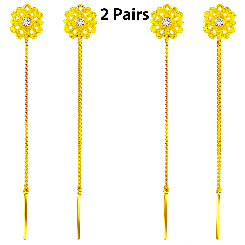 2 Pairs Gold-Plated Floral Drop Earrings, Long Chain Sui Dhaga Style - Image 2